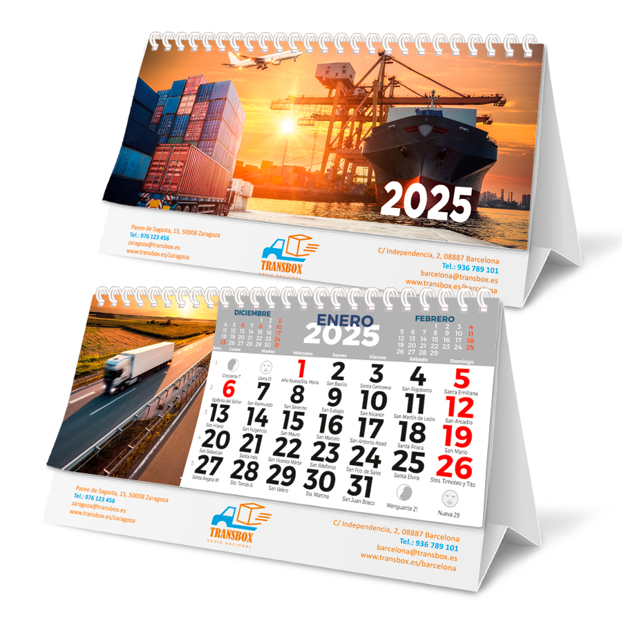 [P-8001.01] Calendario sobremesa Wire-O grande 22 cm. Personalizado. (Mensual 7 H, Blanco, Con publicidad en peana)