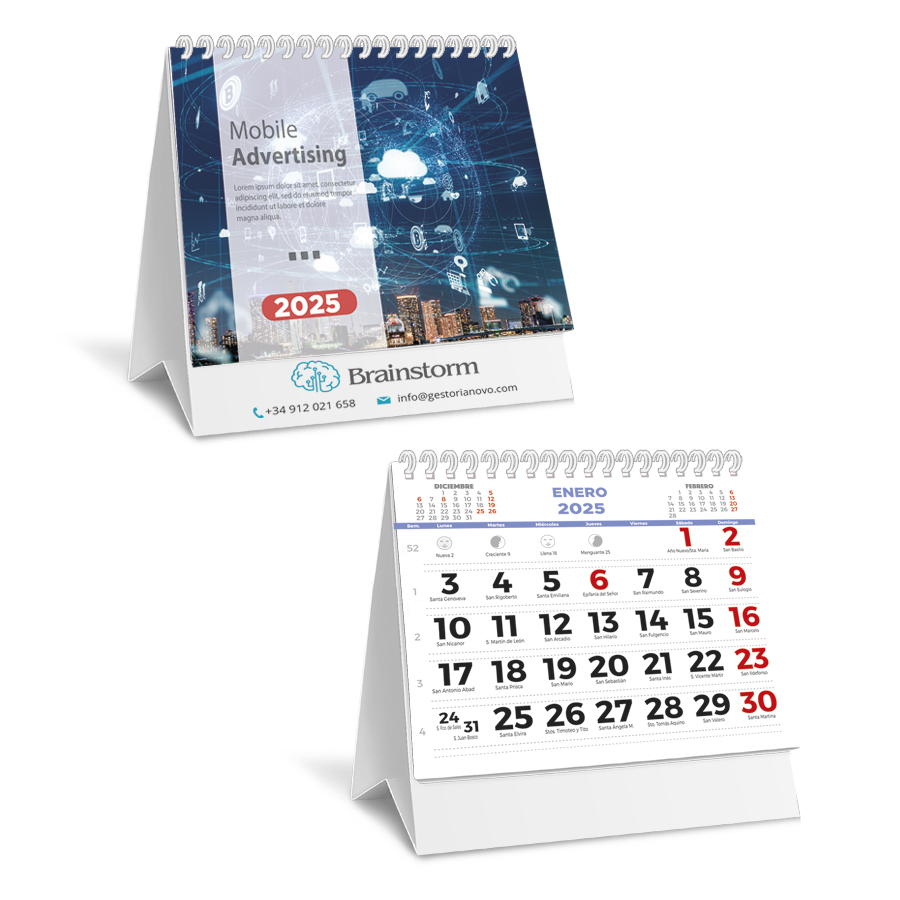 [P-8010.01] Calendario sobremesa Wire-O pequeño 14,8 cm. Personalizado. (Mensual 7 H, Blanco, Con publicidad en peana)