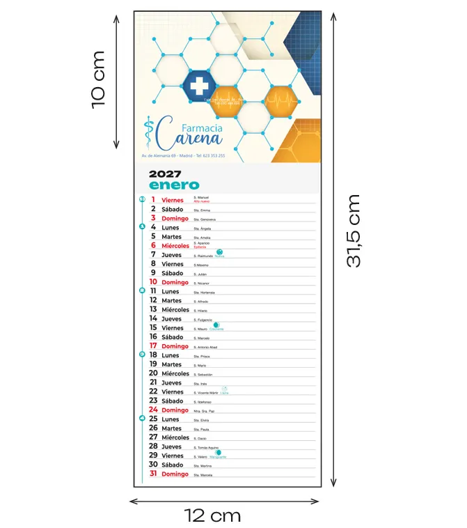 Calendario nevera iman 12 cm. personalizado